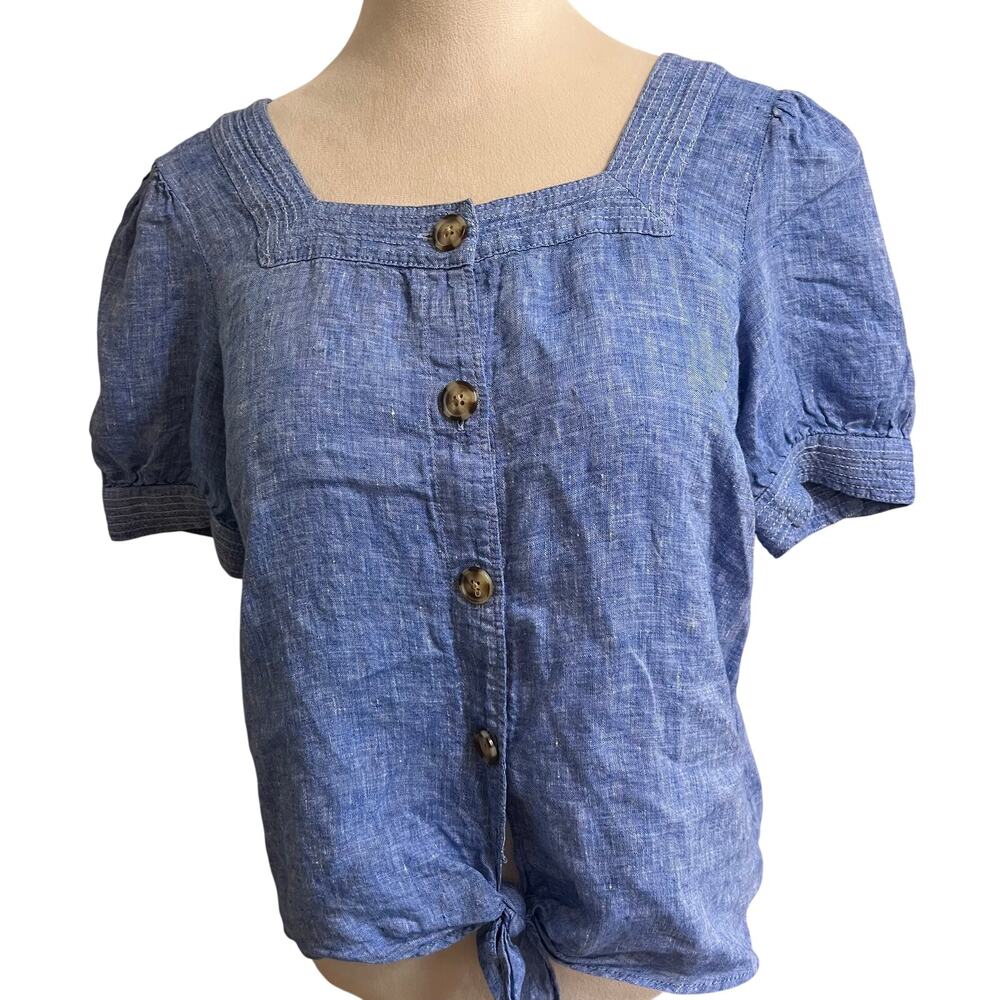 Talbots 100% Linen Blue Tie Front Puff Sleeve Blouse Small